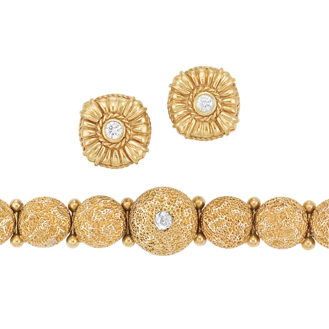 Lot image - Pair of Gold and Diamond Earrings and Antique Gold and Diamond Bracelet