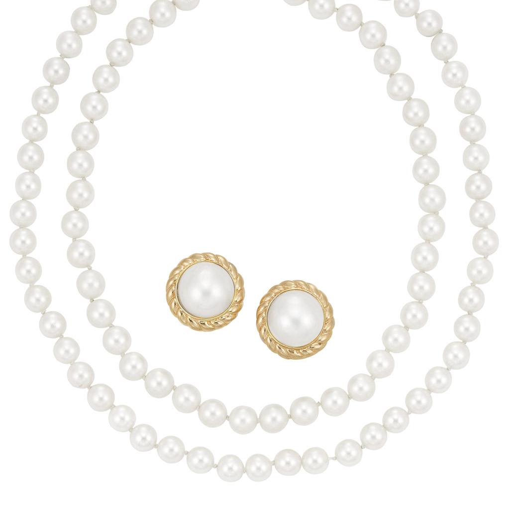 Lot image - Two Cultured Pearl Necklaces and Pair of Gold and Mabe Pearl Earrings