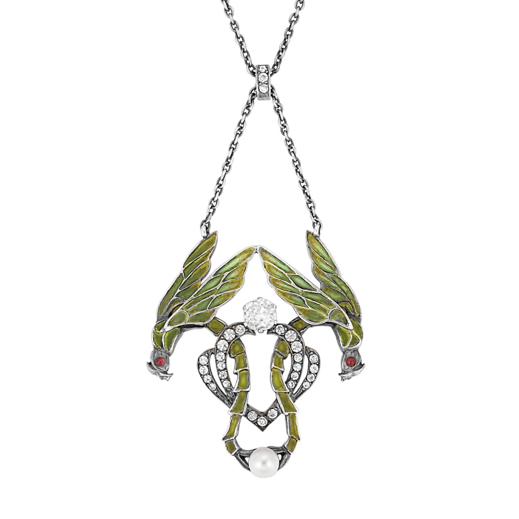 Lot image - Art Nouveau Silver Gilt, Silver, Enamel, Simulated Diamond and Pearl Lavaliere