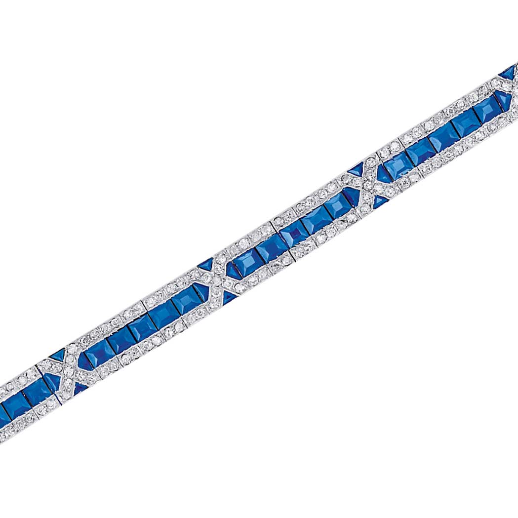 Lot image - Platinum, Diamond and Sapphire Bracelet