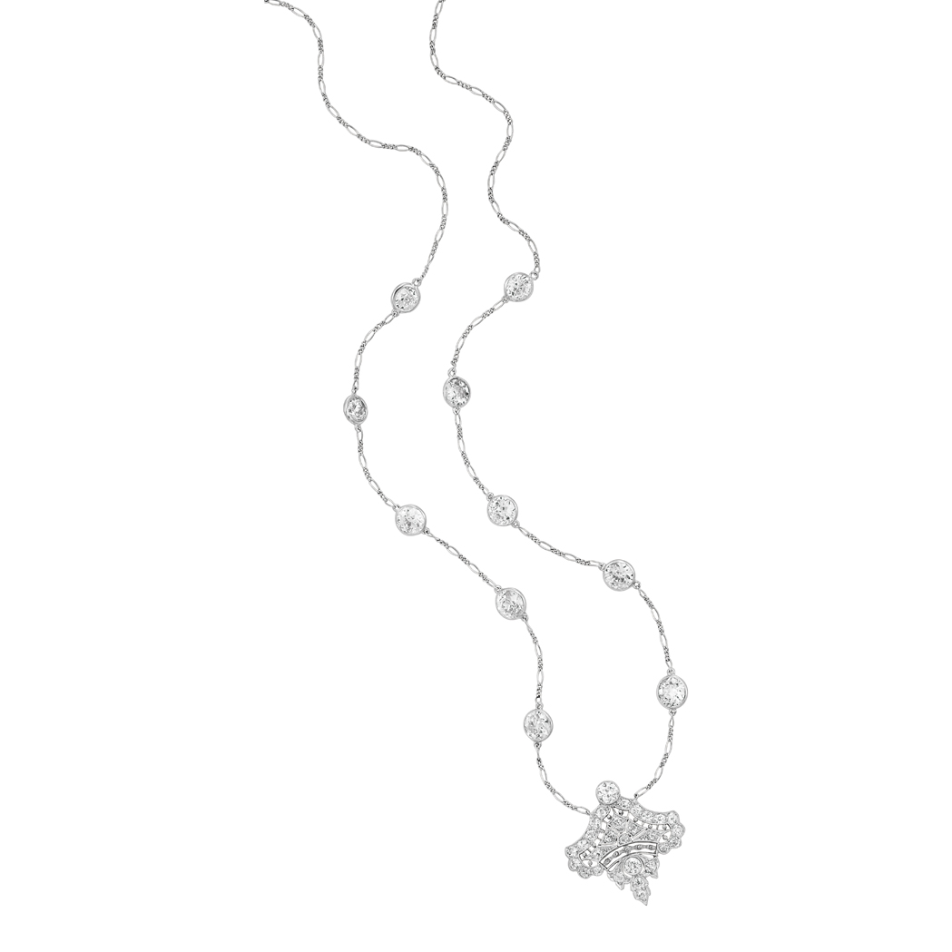 Lot image - Edwardian Platinum and Diamond Pendant and Diamond Chain