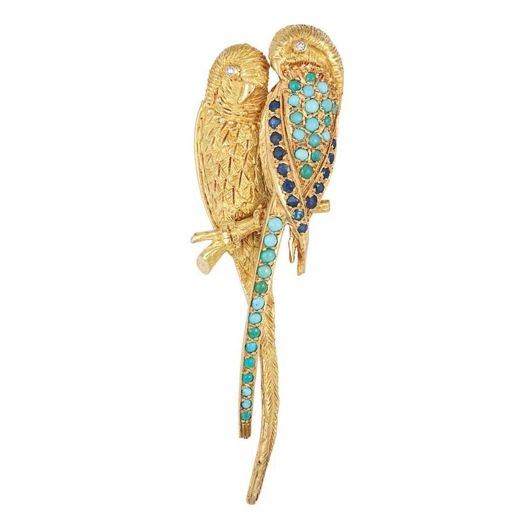 Lot image - Gold, Turquoise, Sapphire and Diamond Lovebird Brooch