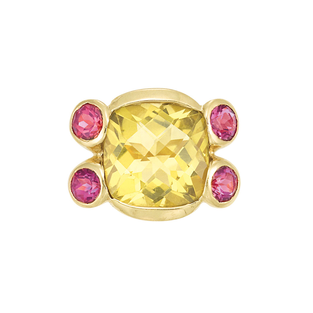 Lot image - Gold, Lemon Quartz and Pink Tourmaline Ring