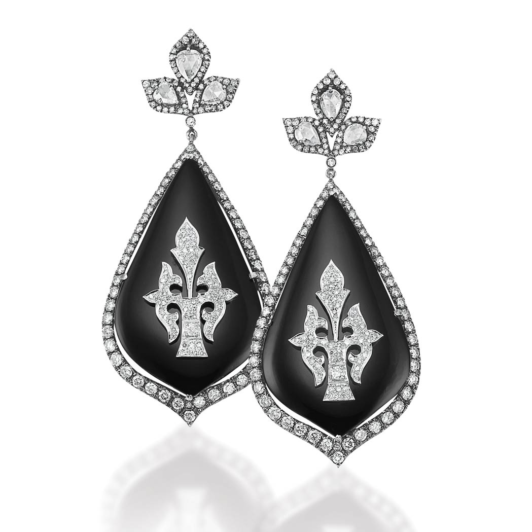 Lot image - Bochic Pair of Blackened Gold, Black Onyx and Diamond Pendant-Earrings