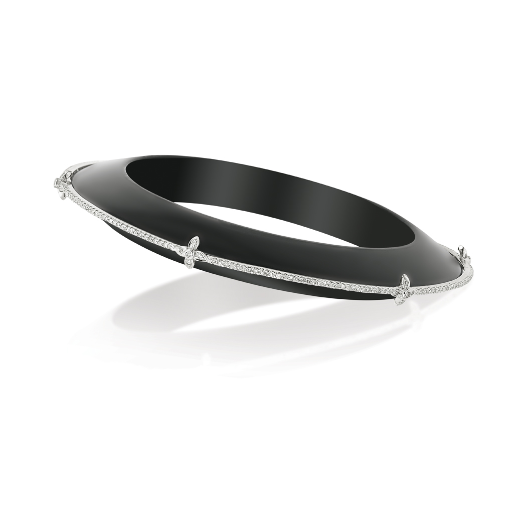 Lot image - Bochic Black Bakelite, White Gold and Diamond Bangle Bracelet