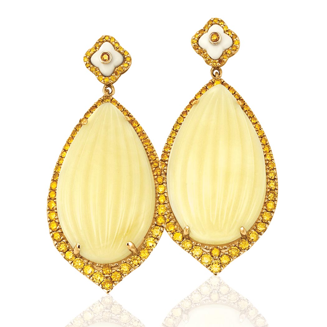 Lot image - Bochic Pair of Gold, Fluted Amber and White Resin and Yellow Diamond Pendant-Earrings