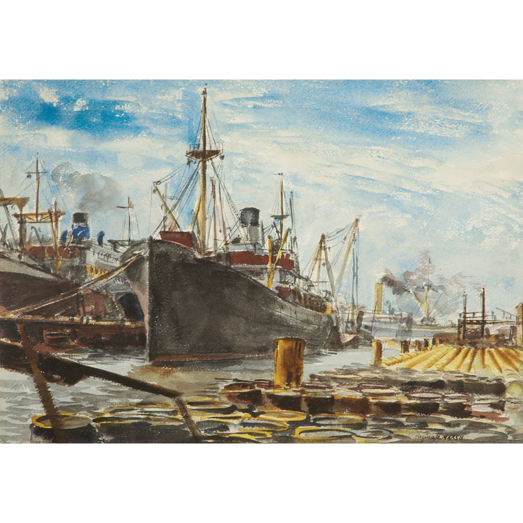 Lot image - Reginald Marsh American, 1898-1954 Docked Freighter