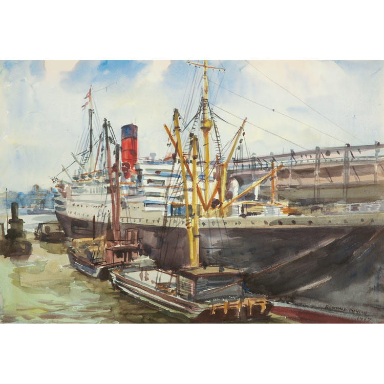 Lot image - Reginald Marsh American, 1898-1954 Ship and Scows, 1937