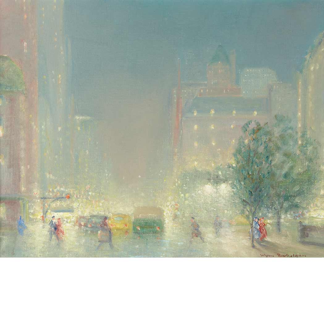 Lot image - Johann Berthelsen American, 1883-1972 Nocturne: Fifth Avenue from 60th Street Looking South