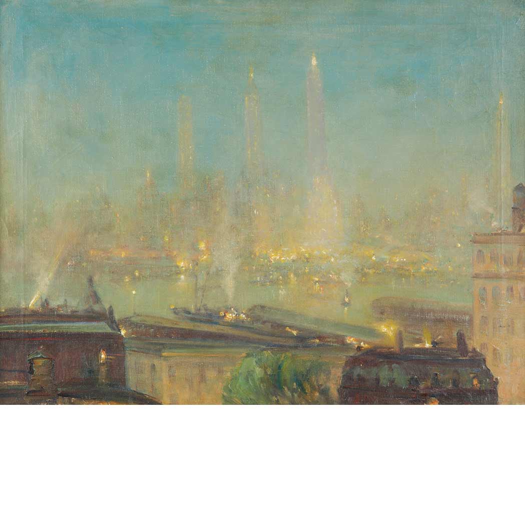 Lot image - Johann Berthelsen American, 1883-1972 Nocturne: Manhattan Skyline Seen from Brooklyn