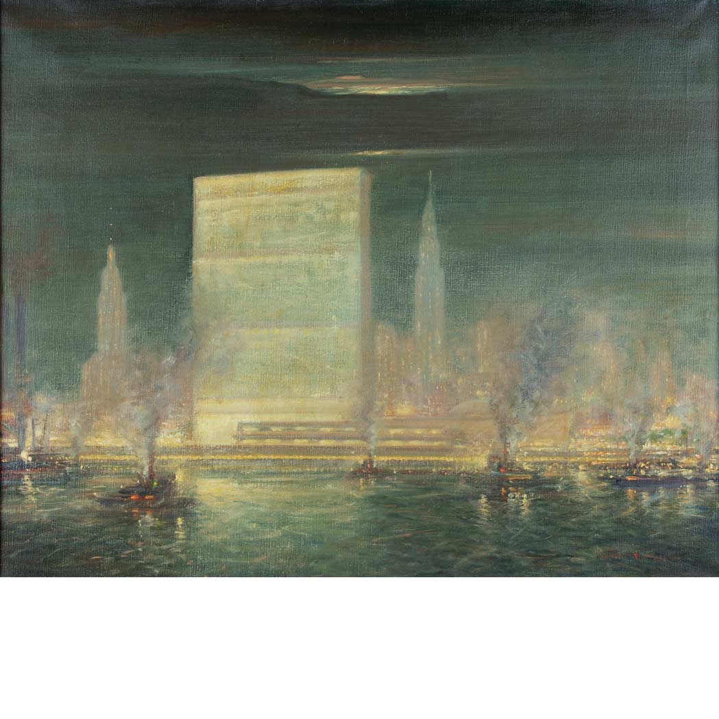 Lot image - Johann Berthelsen American, 1832-1972 United Nations at Night from the East River