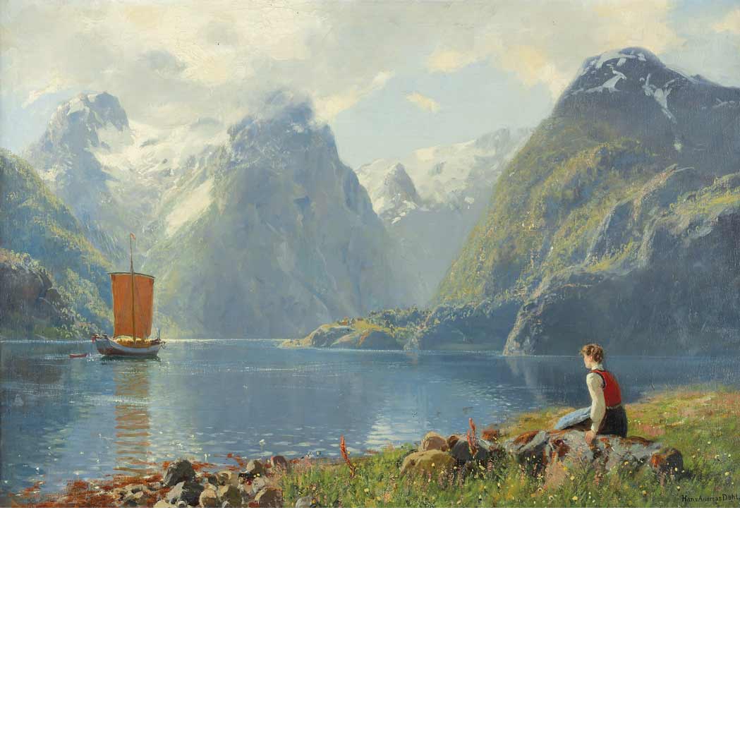 Lot image - Hans Andreas Dahl Norwegian, 1881-1919 Girl Looking Out at a Fjord