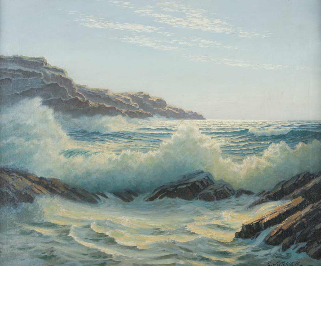 Lot image - Constantin Aleksandrovich Westchiloff Russian, 1877-1945 Waves Crashing on a Rocky Coast