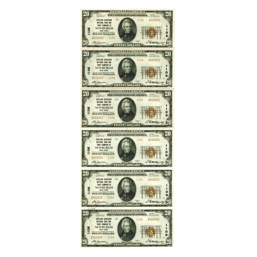 Lot image - $20 1929 Type II, Uncut Sheet of Six, Fr. 1802-2