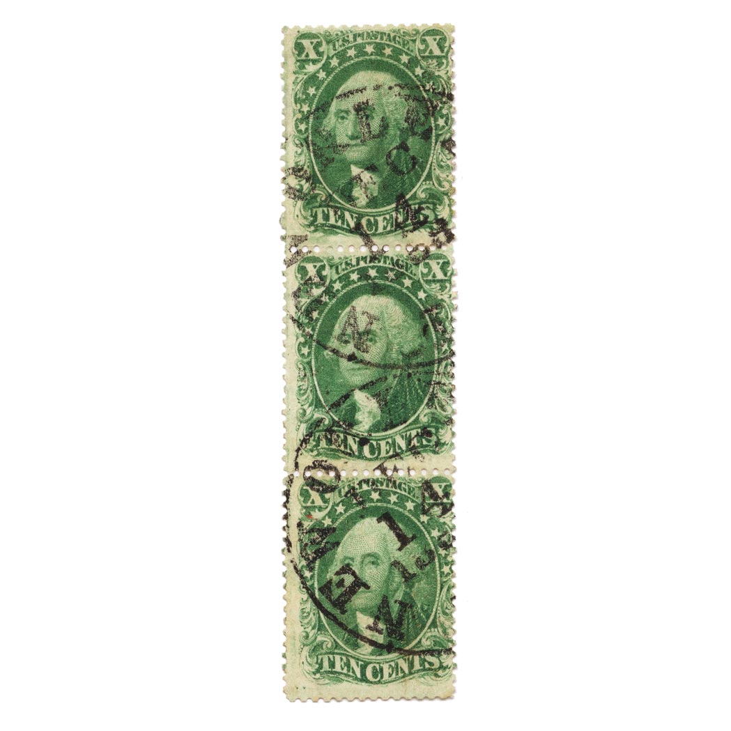 Lot image - 1857 10C. Strip of Three, Scott No. 31, 32, 33