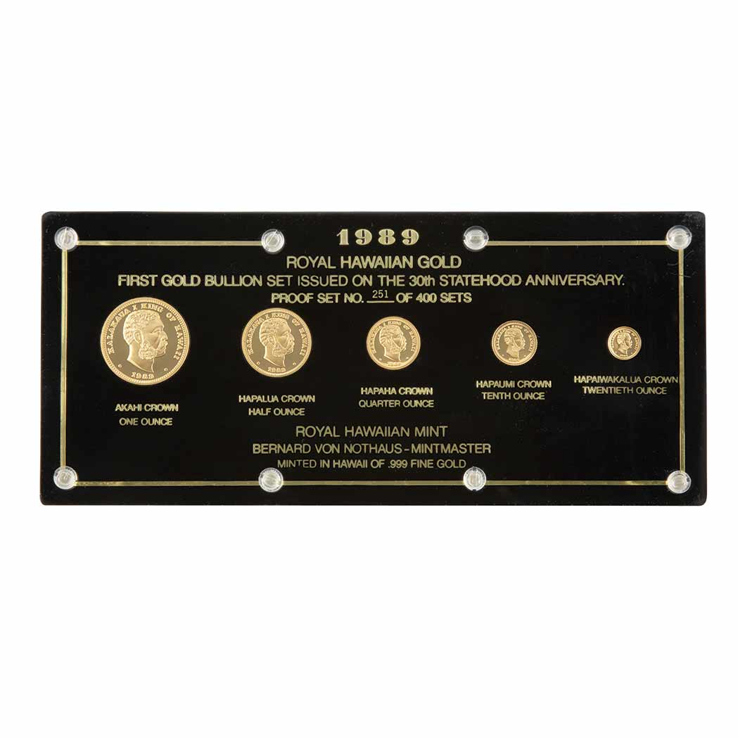 Lot image - Hawaii, 1989 30th Statehood Anniversary Set of Five Medallic Coins in Gold, KP. XPS2