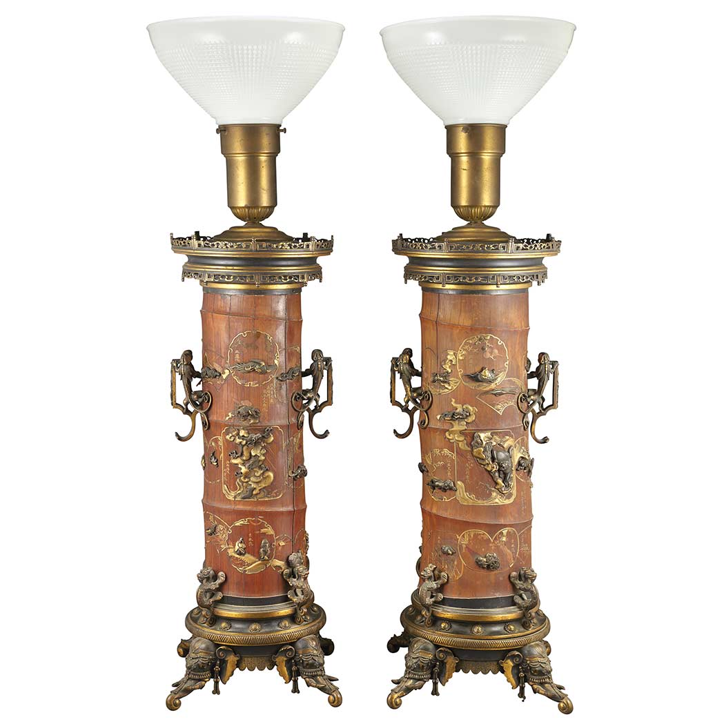 Lot image - Pair of Asian Style Gilt-Bronze Mounted Bamboo Lamps