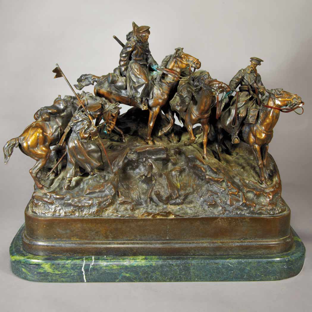 Lot image - Bronze Figural Group Titled Crossing the Balkans