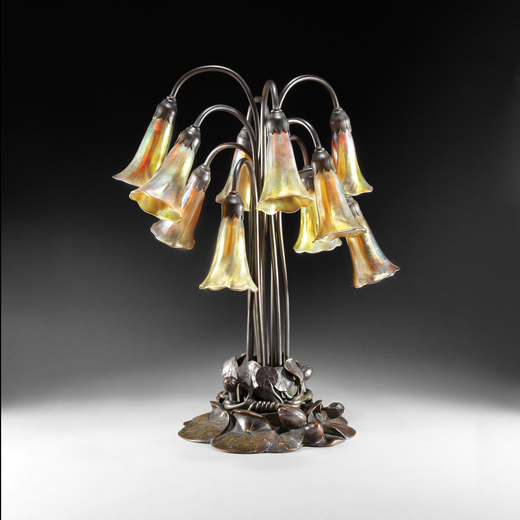 Lot image - Tiffany Studios Bronze and Favrile Glass Ten-Light Lily Lamp