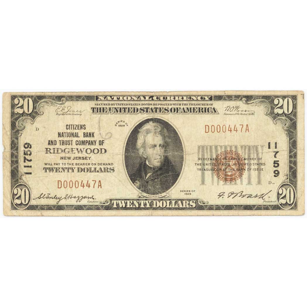 Lot image - U.S. Bank Note, $20 1929 National Bank Note. Fr. S-2030, Charter 11759