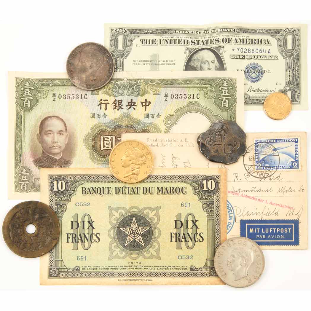 Lot image - Mixed Lot of Postage Stamps, Coins, Autographs, Bank Notes and Field Guides