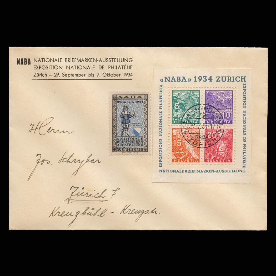 Lot image - Switzerland, 1934 NABA Souvenir Sheet on First Day Cover Scott 226, Zumstein Z1