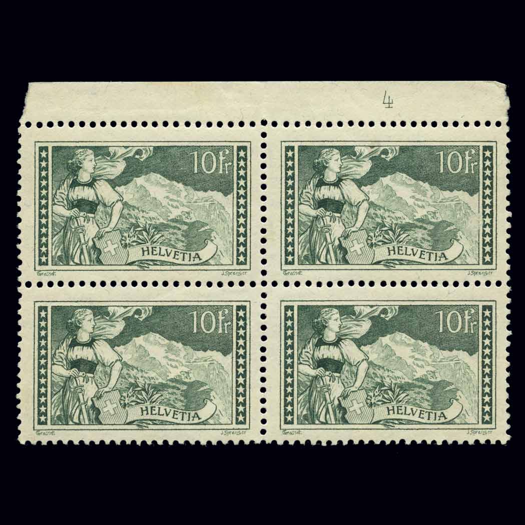 Lot image - Switzerland 1930 10Fr. Gray Green Block of Four Scott 185, Zumstein 179