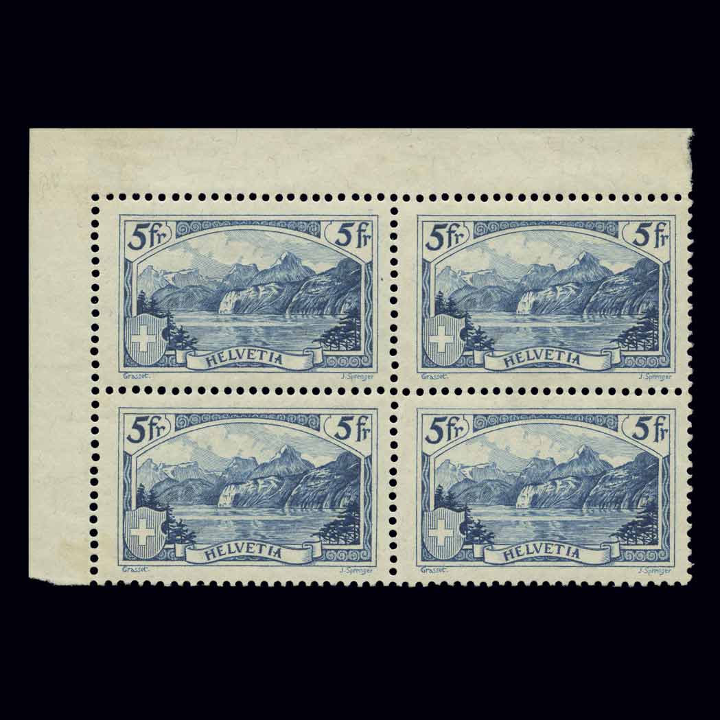 Lot image - Switzerland 1928 5Fr. Re-engraved Block of Four Scott 206, Zumstein 178