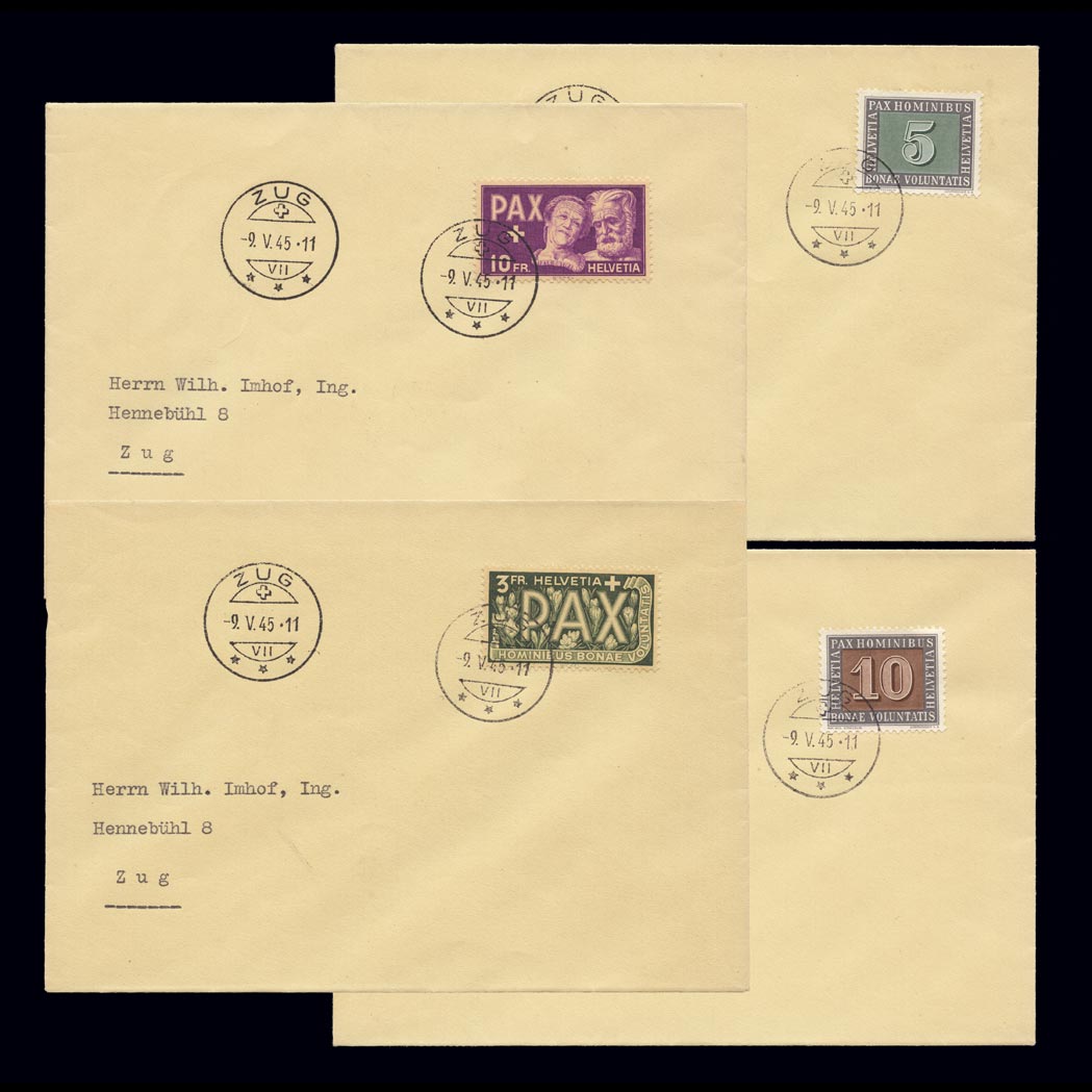 Lot image - Switzerland 1945 PAX Set on First Day Covers Scott 293-305,  Zumstein  262-274
