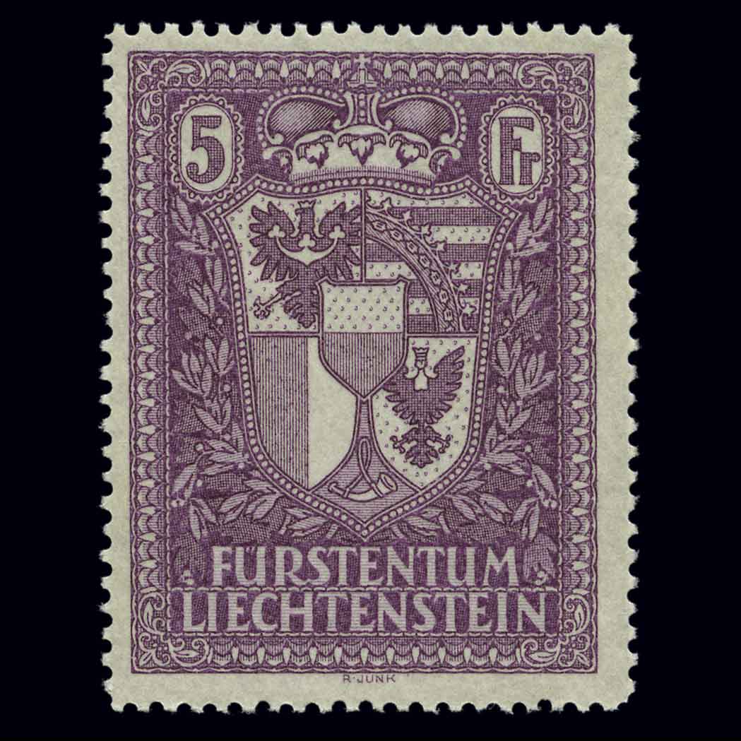 Lot image - Liechtenstein 1935 5Fr Coat of Arms Scott 131