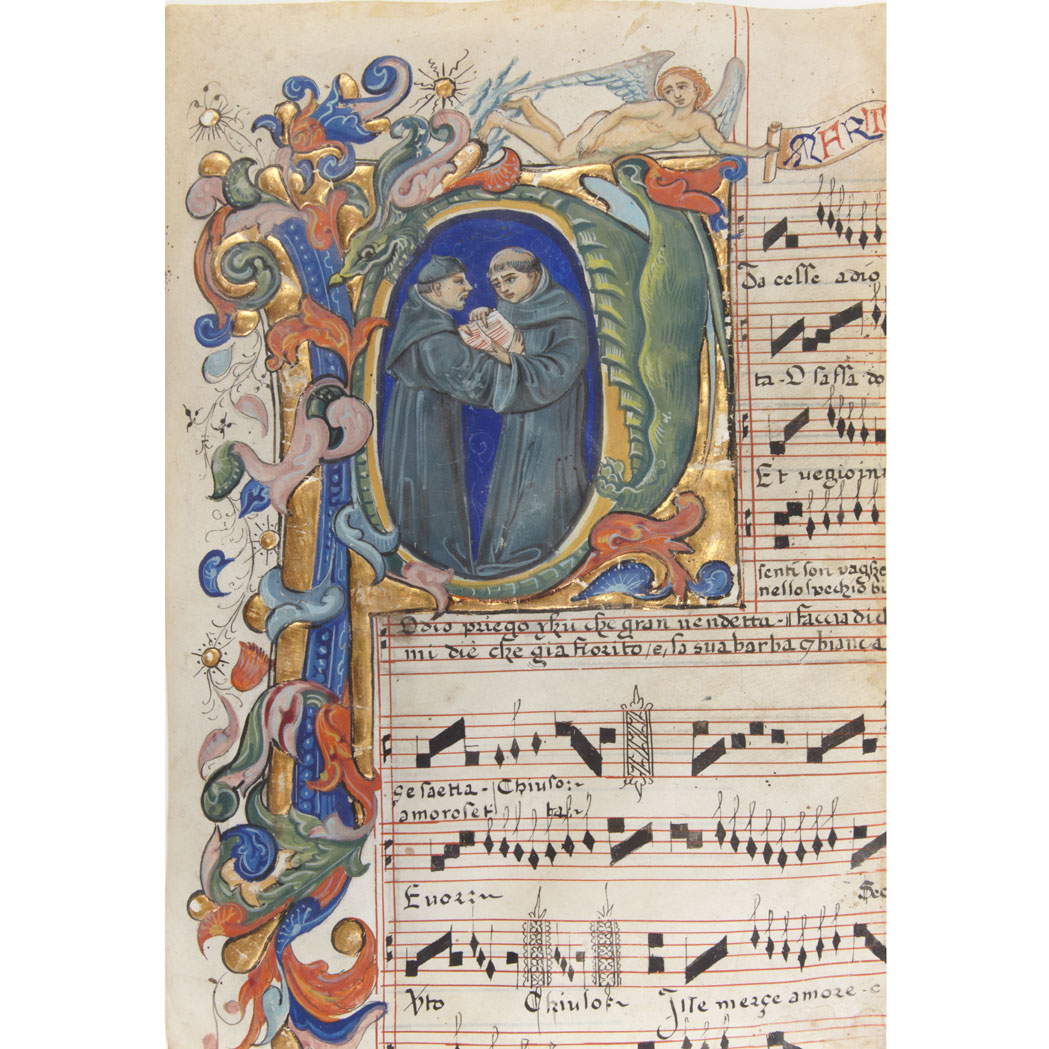 Lot image - [MANUSCRIPT]  Two large cuttings in the manner of an Italian antiphonary, both with very large historiated initials