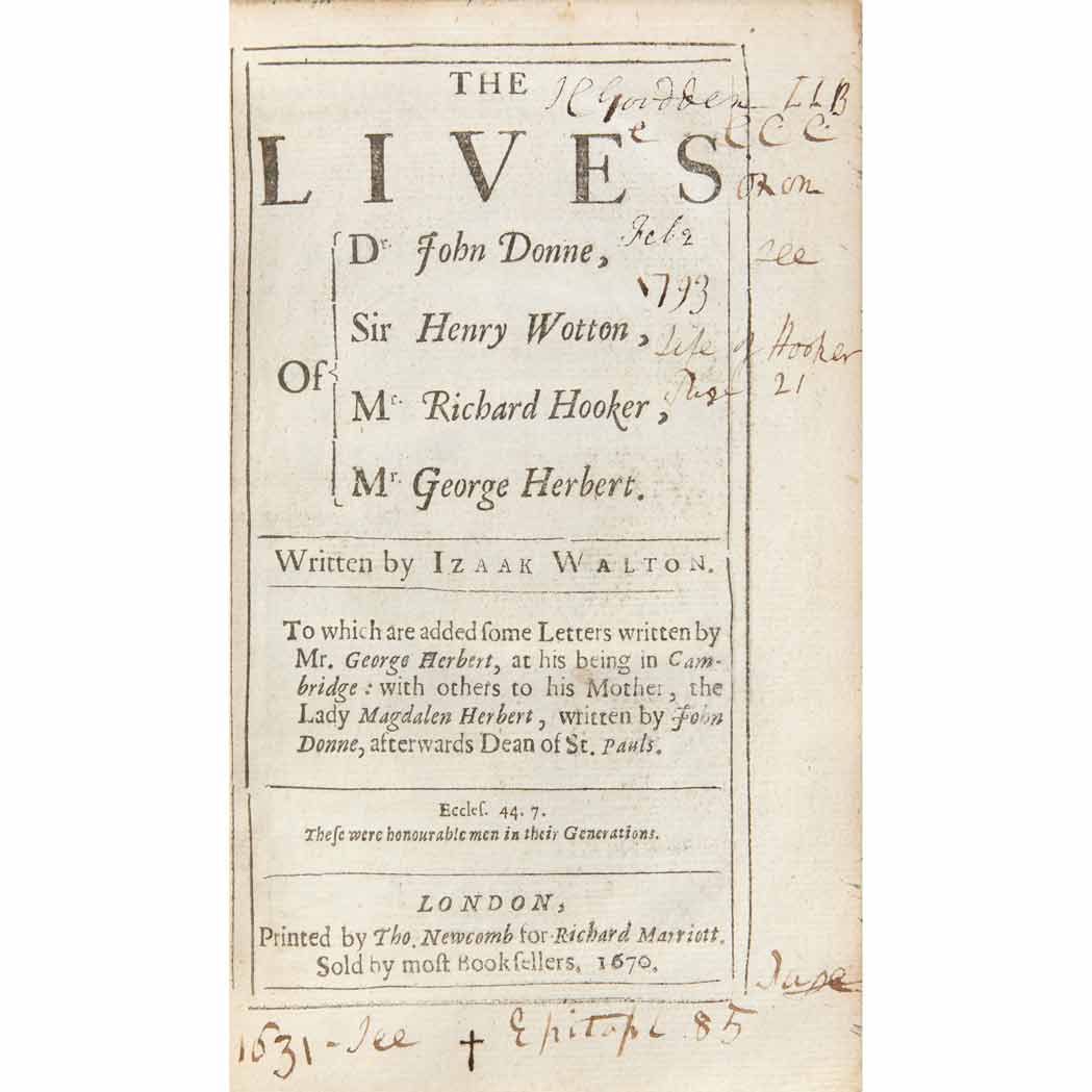 Lot image - WALTON, IZAAK  The Lives of Dr John Donne, Sir Henry Wotton, Mr. Richard Hooker, Mr. George Herbert