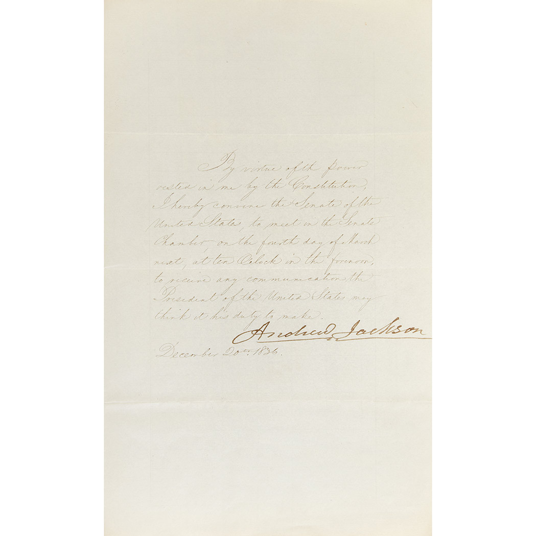 Lot image - JACKSON, ANDREW  Order signed convening the Senate