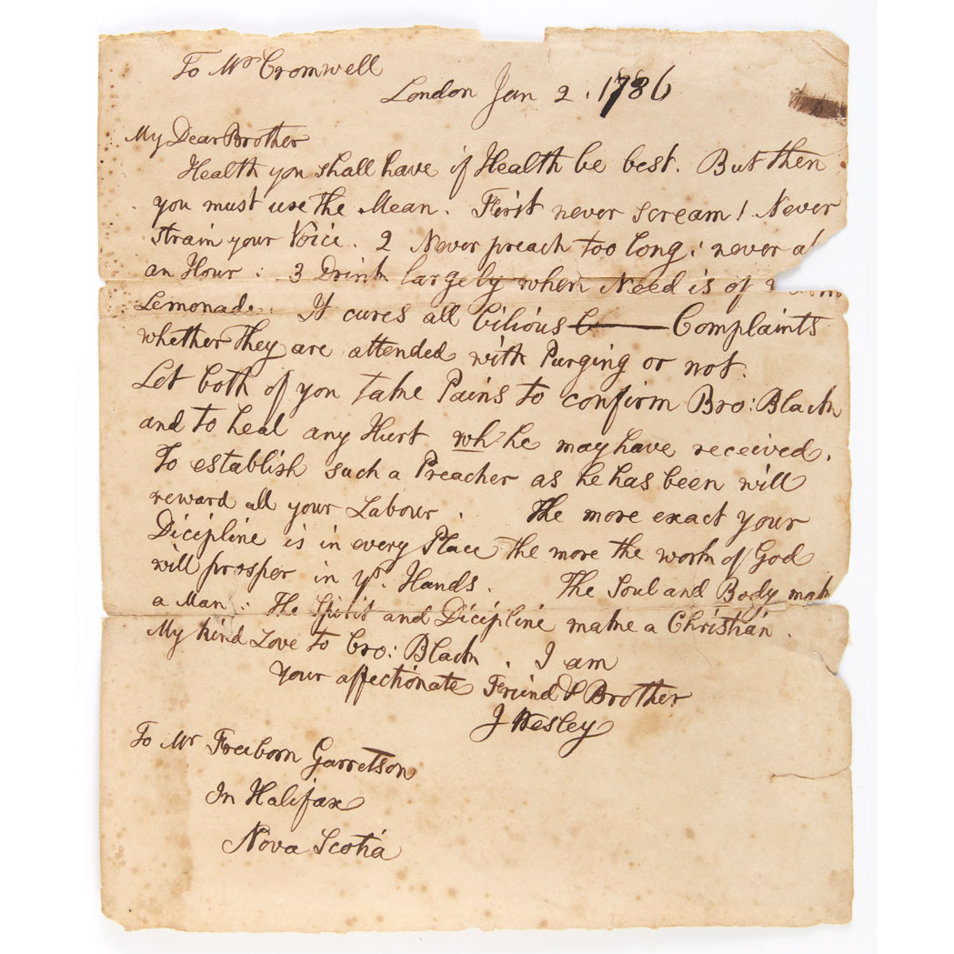 Lot image - [METHODISM - WESLEY, JOHN]  Letter to American evangelical preacher Freeborn Garrettson