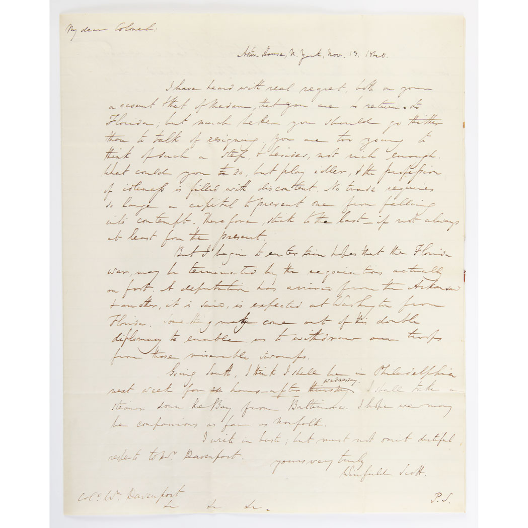 Lot image - [SEMINOLE WARS]  SCOTT, WINFIELD. Autograph letter signed