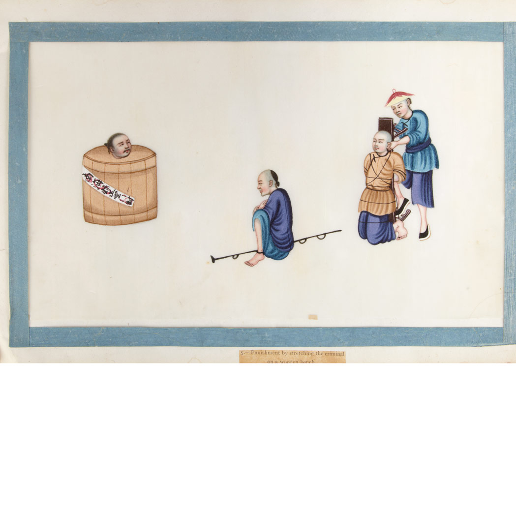 Lot image - [CHINESE PAINTING]  Group of seven 19th century pith painting of Chinese punishments