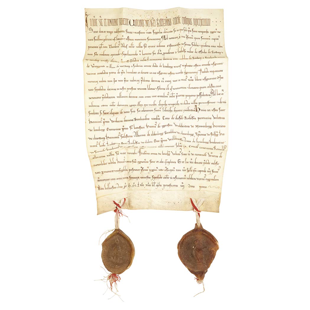 Lot image - [MANUSCRIPTS] Group of three Charters offering grants to a Cistercian monastery (Vallis Sancte Marie), likely the Abbey of M...