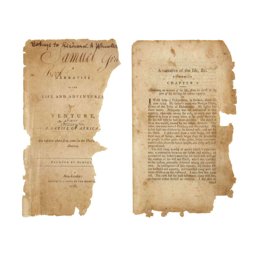 Lot image - [AFRICAN-AMERICANA-SLAVE NARRATIVE] SMITH, VENTURE. A narrative of the life and adventures of Venture, a native of Africa: but...