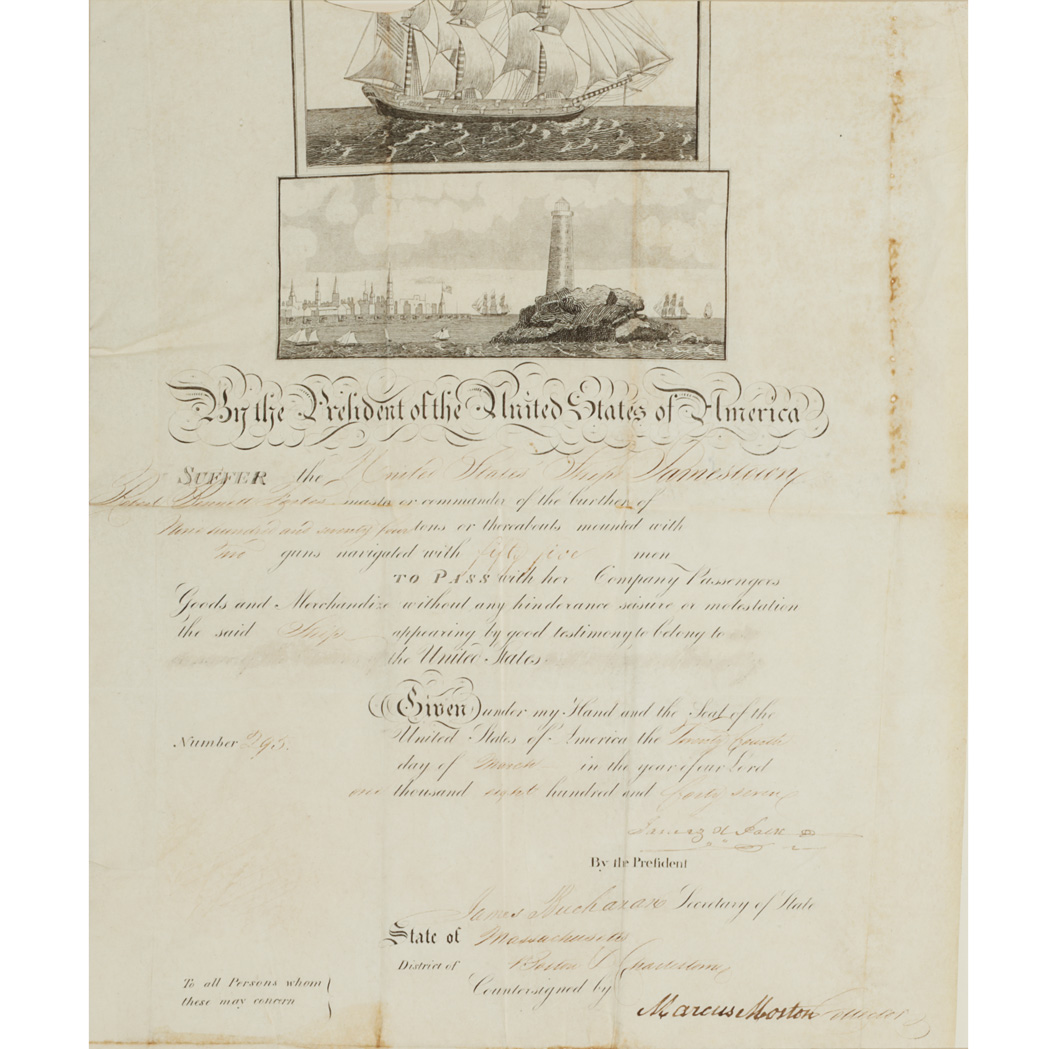 Lot image - POLK, JAMES Signed document. [Washington:] 24 March 1847. Partially printed passport on vellum for the United States Ship J...