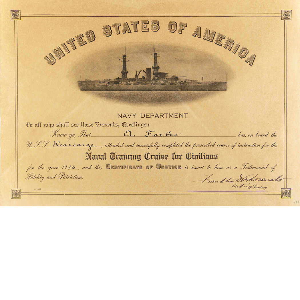 Lot image - ROOSEVELT, FRANKLIN DELANO Signed Navy Department document. [Washington:] 1916. Certificate that A. Forbes has passed a Nav...