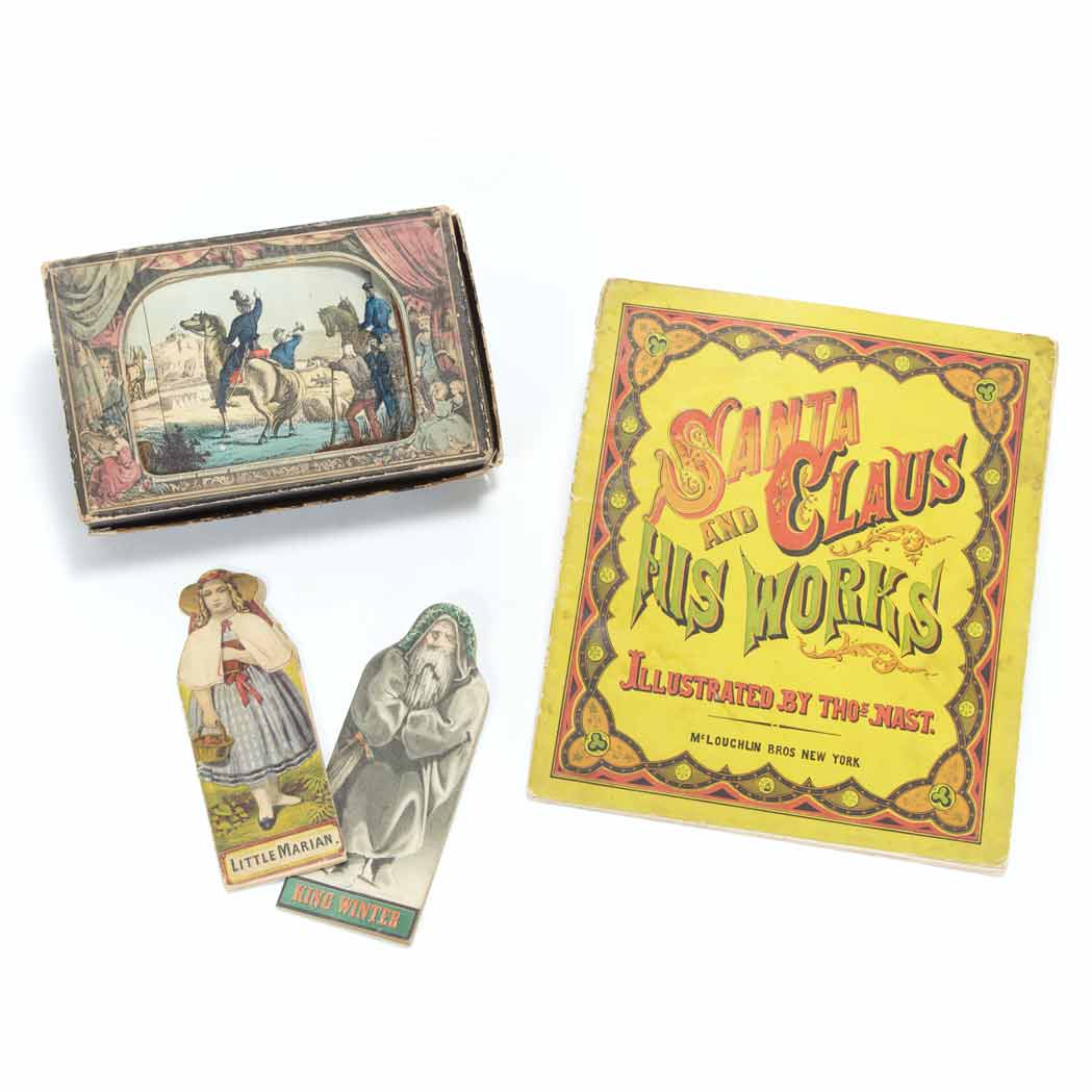 Lot image - [CHILDRENS BOOKS] Group of four items, including two rare chromolithographed shaped books, King Winter and Little Marian, both circ...