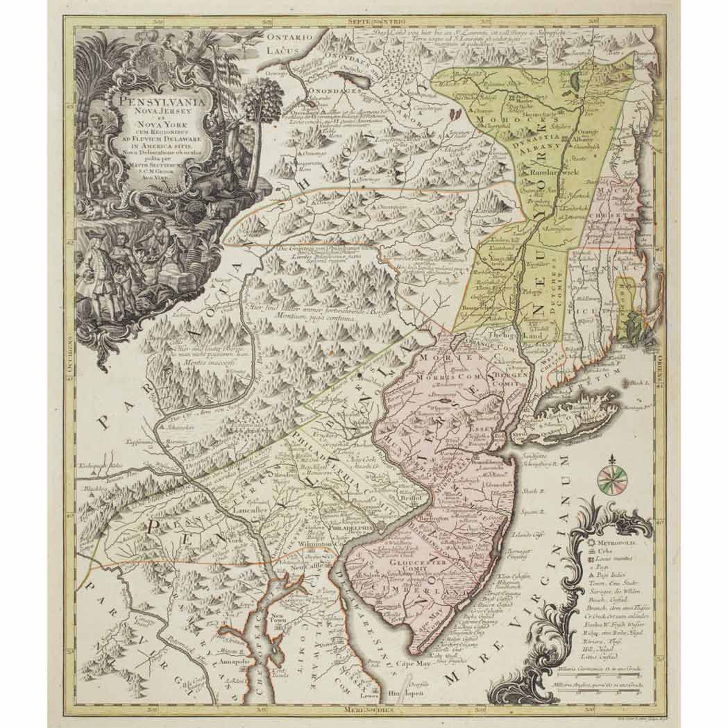 Lot image - [LOTTER, TOBIAS CONRAD]. SEUTTER, GEORG MATTHAUS  Pensylvania, Nova Jersey et Nova York cum regionibus ad Fluvium Delaware in America sitis