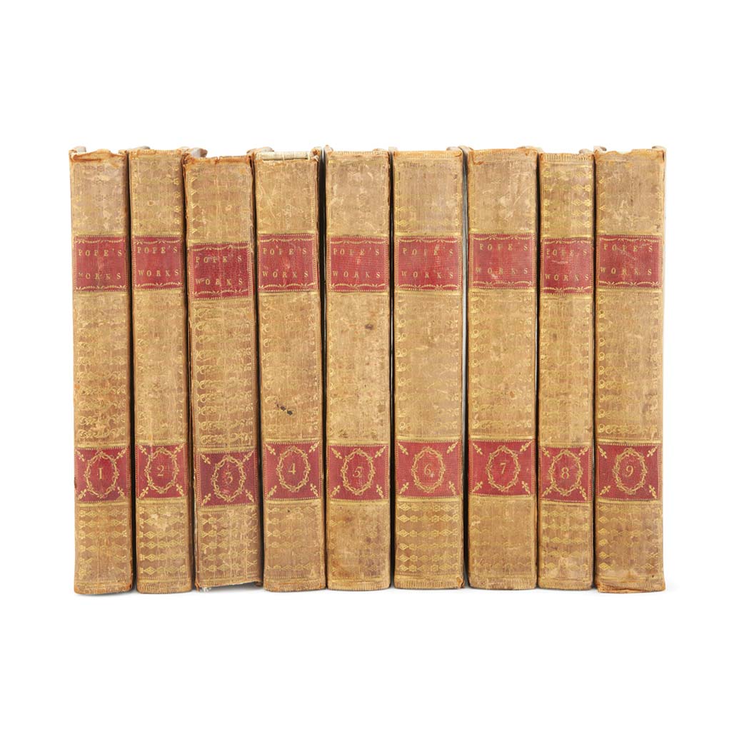 Lot image - POPE, ALEXANDER Works. London: C. Bathurst, et al, 1770. Nine volumes, contemporary tree calf, the boards ruled with a delic...