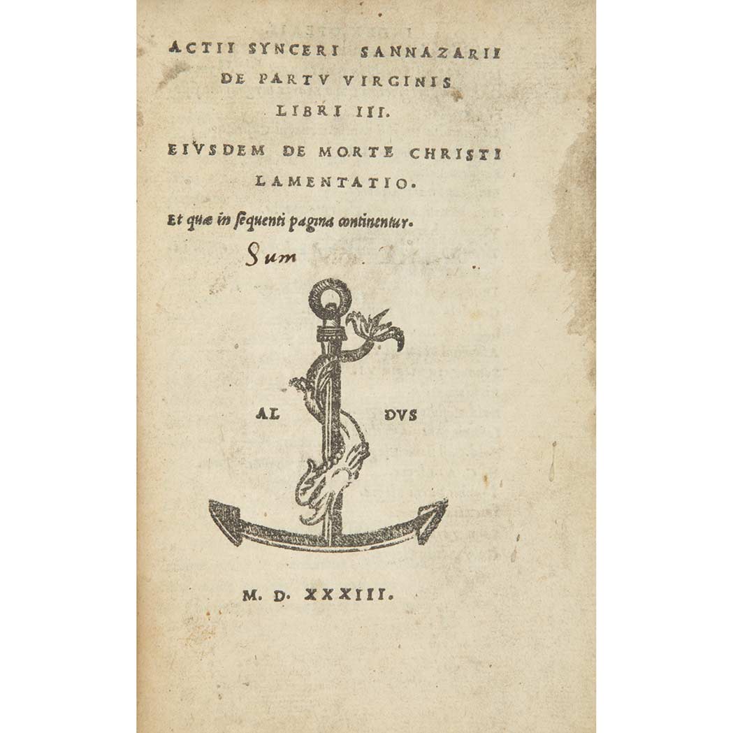Lot image - [ALDINE] SANNAZARO, JACOPO. Actii synceri Sannazarii de partu virginis libri III. Venice: Aldus, 1533. First collected editi...