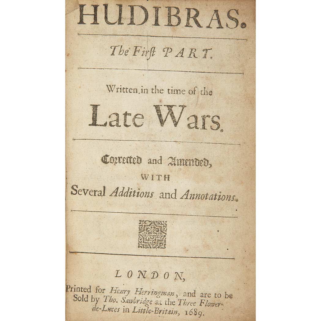 Lot image - [BUTLER, SAMUEL] Hudibras. London: printed for Henry Herringman, and are to be sold by Tho. Sawbridge at the Three Flower-de...