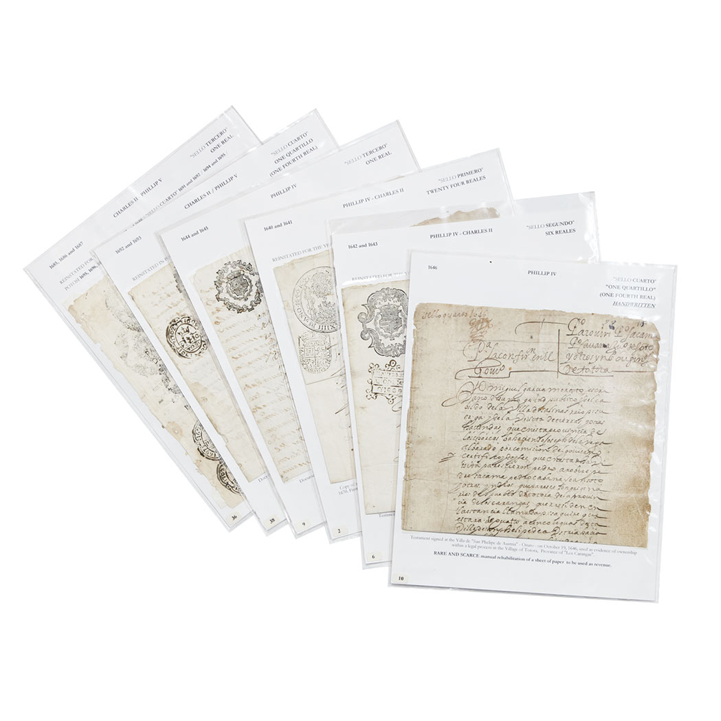 Lot image - [HISPANO-AMERICANA]  Exhibition Collection of Colonial Bolivian Revenue Stamp Paper 17th-19th century