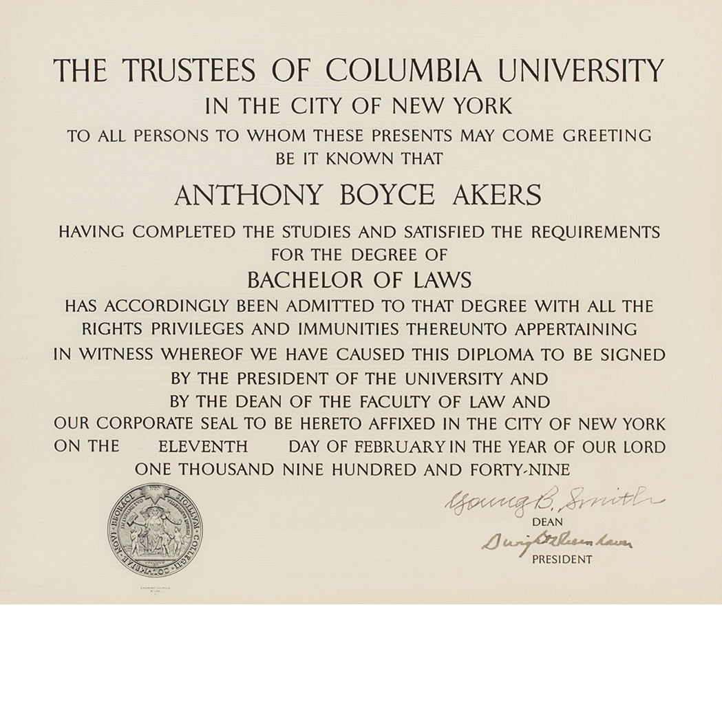 Lot image - EISENHOWER, DWIGHT Signed Columbia University degree. New York: 11 February 1949. Law degree for Anthony Akers (later an Amb...