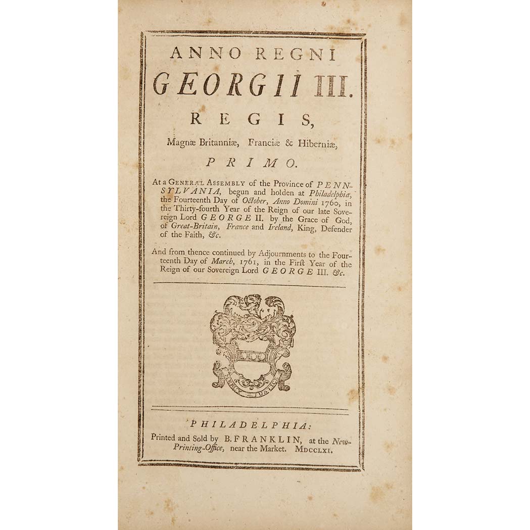Lot image - [FRANKLIN, BENJAMIN] Anno Regni Georgii II. Regis, Magnae Britanniae, Franciae & Hiberniae, Tricesimo Tertio ... Anno Regni Georgii ...