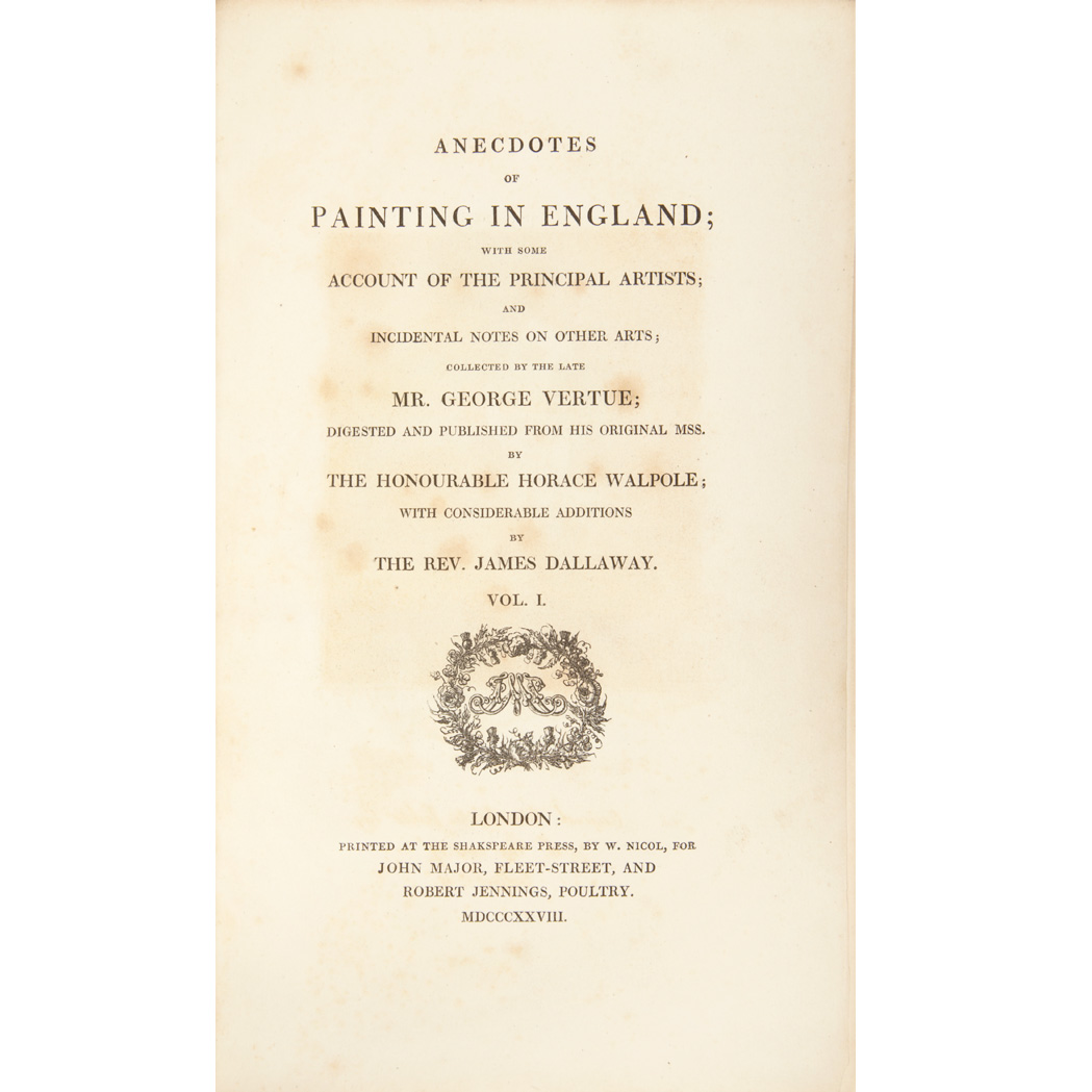 Lot image - WALPOLE, HORACE  Anecdotes of Painting in England