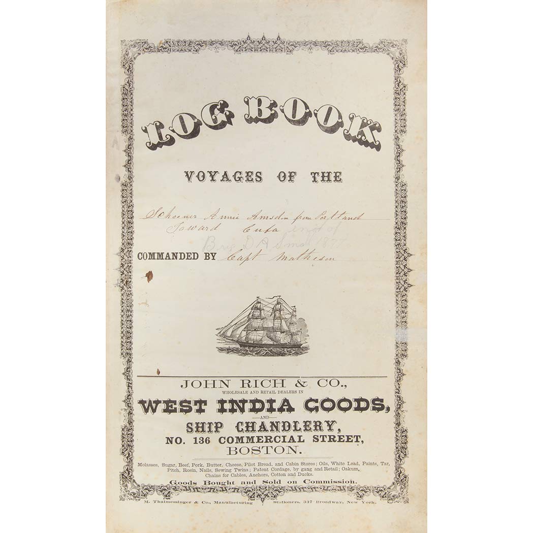 Lot image - [SHIP LOG]  Log book of the Schooner Annie Amsden from Portland Toward Cuba [from title], vessel log for 1875-1878